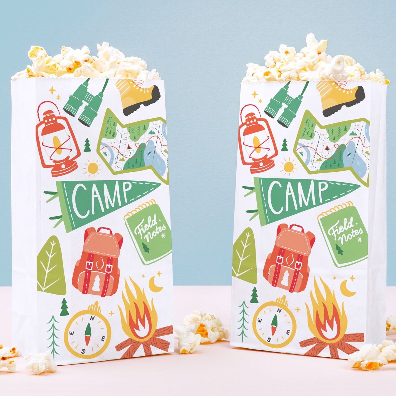 Big Dot of Happiness Camping Popcorn Bags, Happy Camper Kids Birthday Party Favor Snack Treats, Free-Standing Individual White Paper Bags - 25 Ct